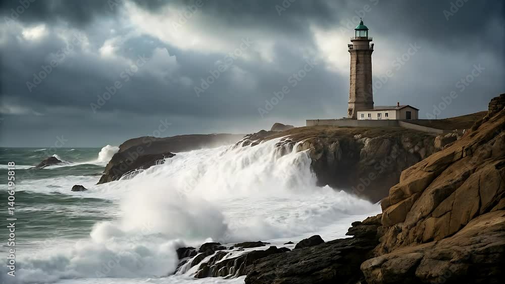 Lighthouse standing tall against crashing waves on a stormy day near rocky cliffs coast ocean Lighthouse standing tall against crashing waves on a stormy day near rocky cliffs coast ocean