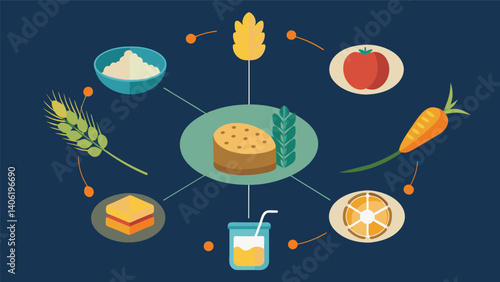 A diagram showcasing the benefits of eating whole grains with examples of different types of whole grain foods.. Vector illustration