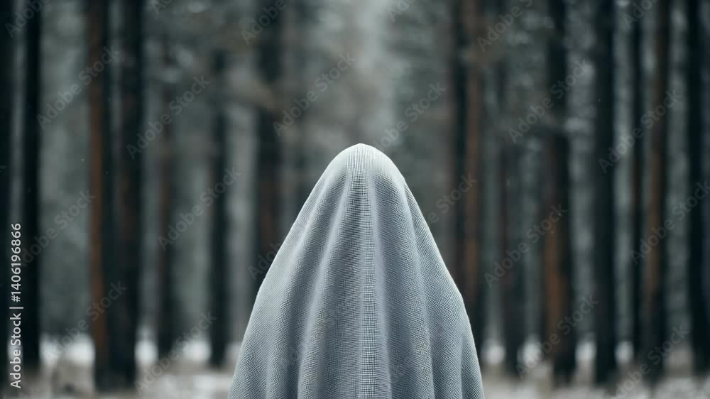 Mysterious figure draped in fabric stands alone in winter forest with blurred trees adding to the surreal atmosphere. Mysterious figure draped in fabric stands alone in winter forest with blurred trees adding to the surreal atmosphere.