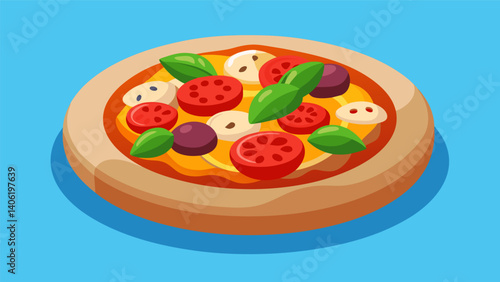 A mini homemade pizza made with whole wheat pita bread tomato sauce and colorful vegetable toppings for a fun and healthy lunch.. Vector illustration