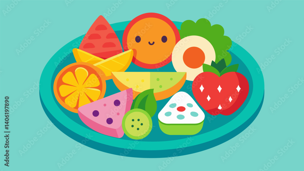 A childs brightly decorated snack plate featuring an assortment of healthy snacks in fun shapes and colors ready to be devoured.. Vector illustration A childs brightly decorated snack plate featuring an assortment of healthy snacks in fun shapes and colors ready to be devoured.. Vector illustration