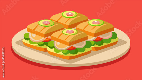 A platter of mini sandwiches with turkey cheese and cucumber slices on whole wheat bread.. Vector illustration