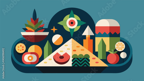 A modern and avantgarde antipasto platter art featuring a mix of traditional and unconventional ingredients arranged in a bold and daring design.. Vector illustration