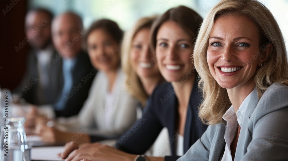 A group of people sitting at a table, all looking toward the camera and smiling confidently. A group of people sitting at a table, all looking toward the camera and smiling confidently.