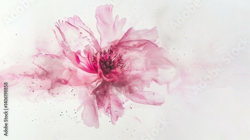 Fototapeta Naklejka Na Ścianę i Meble -  Delicate Watercolor Pink Peony Flower Painting with Soft, Blended Petals and Artistic Ink Splatters on White