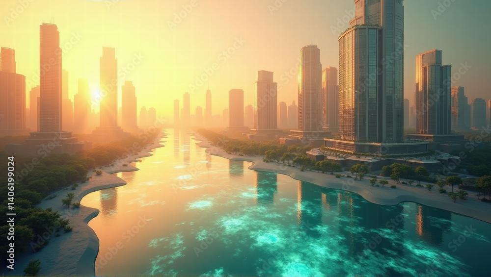 Fototapeta premium A futuristic cityscape with tall skyscrapers, a tranquil waterway, and trees, bathed in golden sunlight, creating a peaceful yet vibrant urban atmosphere. Generative, AI,