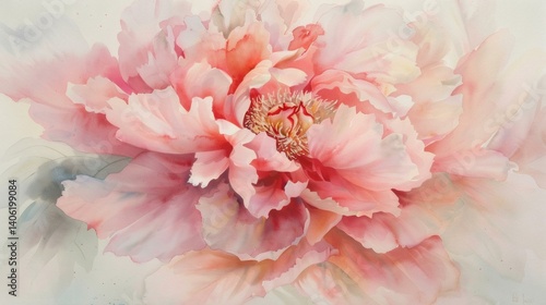 Fototapeta Naklejka Na Ścianę i Meble -  Watercolor pink peony flower in full bloom showcasing delicate petals and intricate detailing, rendered in soft pastel shades
