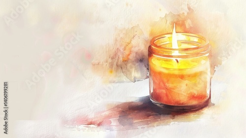 Glowing Candle Flame Illuminates a Warm, Cozy Jar - Watercolor Painting on Textured Paper