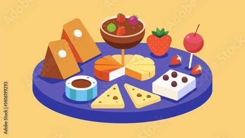A playful and interactive dessert cheese board with a mix of cheese bites chocolatecovered fruits and a selection of dipping sauces and spreads to. Vector illustration