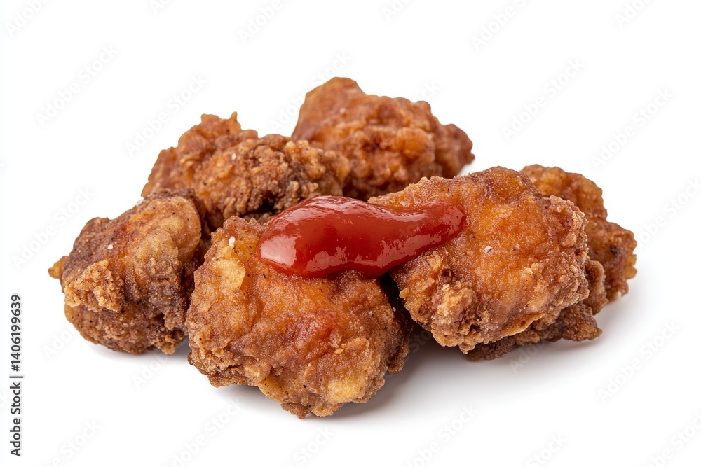 A close up shot of fried chicken pieces with red sauce on top on a white background studio shot A close up shot of fried chicken pieces with red sauce on top on a white background studio shot
