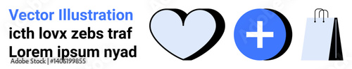 Heart shape, blue medical cross, and shopping bag icons combine love, care, health, and retail ideas. Ideal for wellness, e-commerce, healthcare charity online shops promotions simple landing