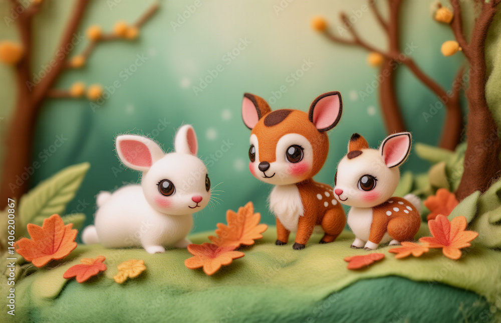 Naklejka premium Adorable sculpted animals in an autumnal forest scene. A white rabbit sits beside a mother and baby deer amidst fall leaves.