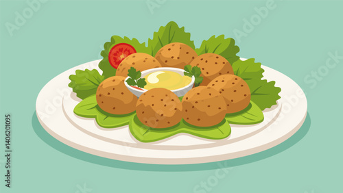 A platter of crispy baked falafel balls fresh herbs and a selection of pickled veggies served with a tangy tahini sauce.. Vector illustration