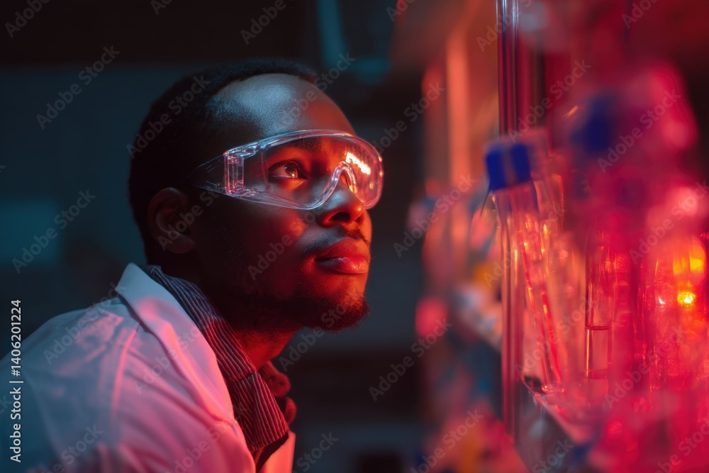 Young African-American scientist in lab with fluorescent lighting and negative space right