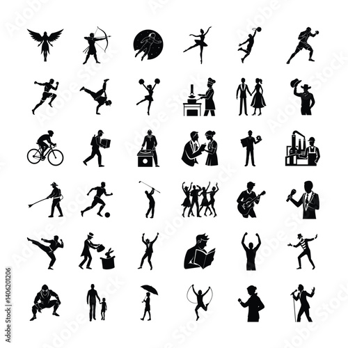 Silhouette Icons of People in Action Sports and Dance