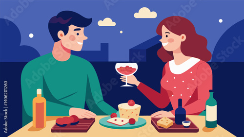 A intimate date night in as a couple enjoys a charcuterie board while sharing stories and creating cherished memories together.. Vector illustration