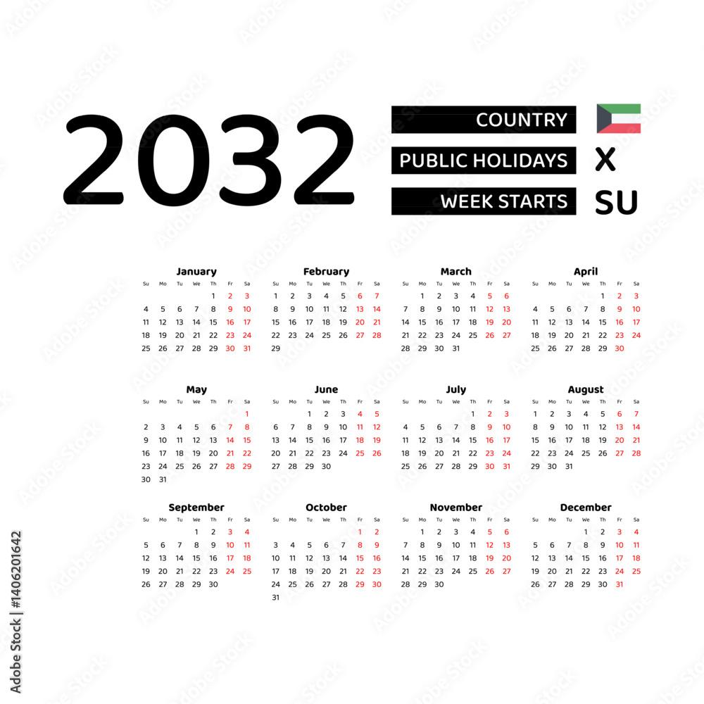 Calendar 2032 English language with Kuwait public holidays. Week starts from Sunday. Graphic design vector illustration. Calendar 2032 English language with Kuwait public holidays. Week starts from Sunday. Graphic design vector illustration.