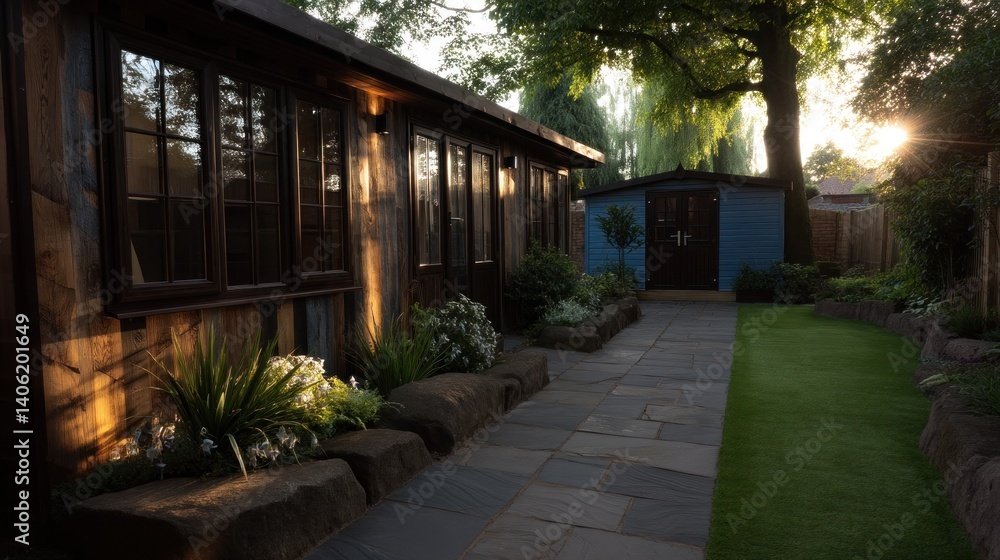 A general view of a back garden with artificial grass, grey paving slab patio, flower bed with plants, timber fences, blue shed, summer house garden timber outbuilding A general view of a back garden with artificial grass, grey paving slab patio, flower bed with plants, timber fences, blue shed, summer house garden timber outbuilding