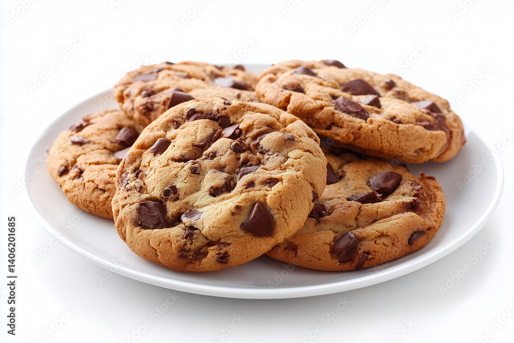 Warm chocolate chip cookies placed on a white plate ready for enjoyment in a cozy kitchen setting Warm chocolate chip cookies placed on a white plate ready for enjoyment in a cozy kitchen setting