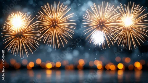 Golden fireworks fill the night sky with celebrations and festive bokeh lights, against a dark blue background and water reflection.