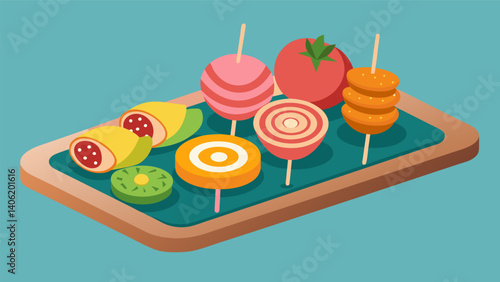 A playful board with mini pancake kabobs fruit skewers and ham and cheese rollups.. Vector illustration