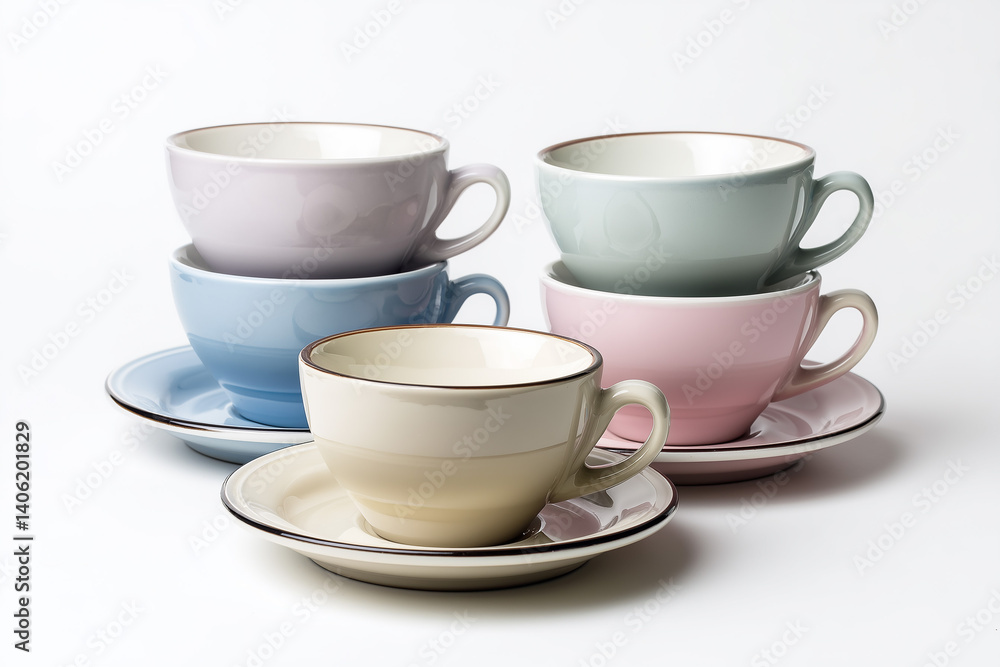 Stacked colorful teacups and saucers arranged in an artistic display on a light background Stacked colorful teacups and saucers arranged in an artistic display on a light background