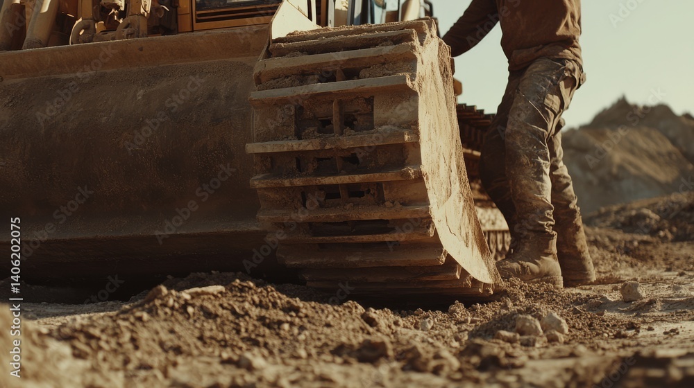 Fototapeta premium Construction worker operating a bulldozer at a construction site. Featuring heavy machinery and site preparation