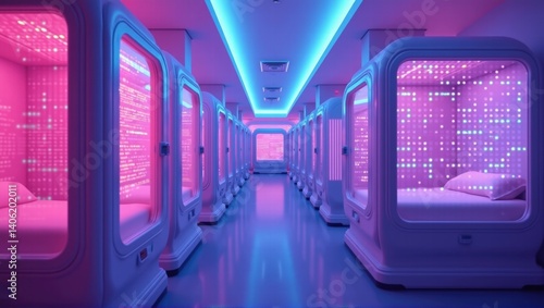 A futuristic dormitory with glowing neon lights, featuring individual pods with digital screens and beds, creating a sleek, high-tech living space. Generative, AI,