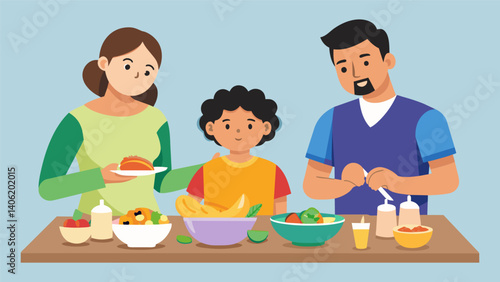 A family sets up a makeyourown taco bar for a nontraditional dinner complete with a variety of toppings and sides to choose from.. Vector illustration