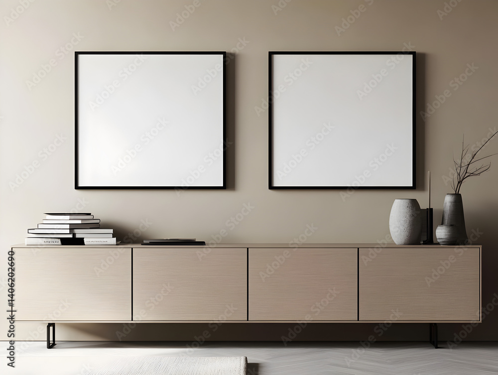 Fototapeta premium Clean home wall decor mockup with two empty square poster frames above sideboard in 3D rendering