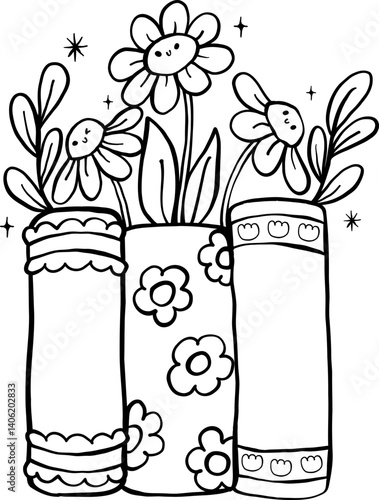 Cute Spring Bookish Stack Book with flower Outline Cartoon Hand Drawn