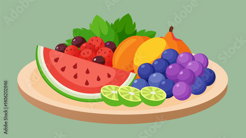 A platter of fresh fruits including berries gs and sliced melons perfect for light snacking.. Vector illustration