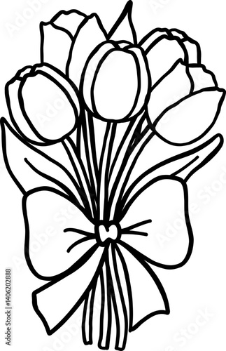 Cute Boquet Tulips Outline Cartoon Hand Drawn