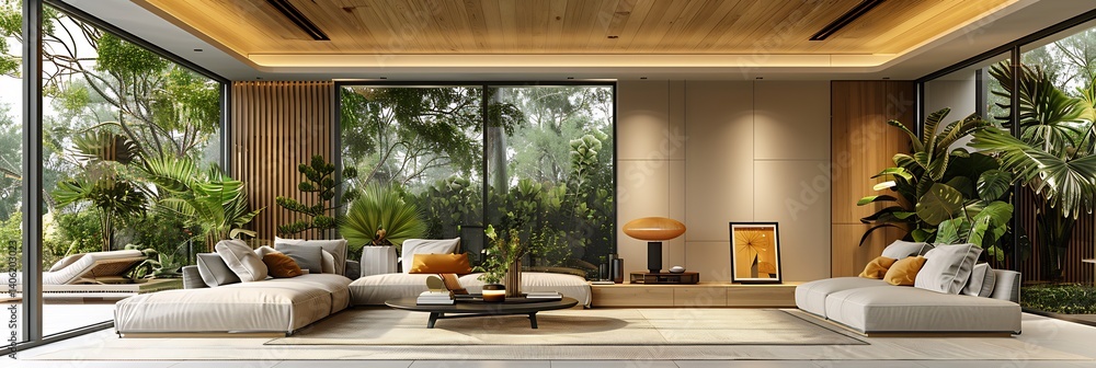 Fototapeta premium Ultra Luxury Biophilic Living Room Interior with Organic Rock Wall Texture Oversized Modular Beige Sofa and Integrated Home Cinema for High End Real Estate and Interior Design