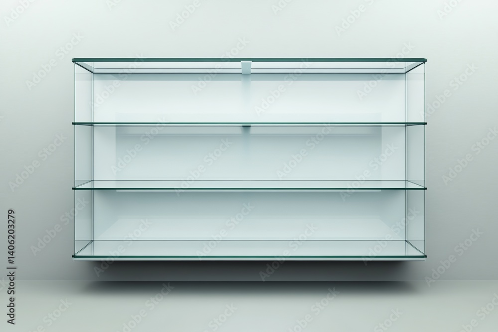 A clear glass shelf display case with three shelves mounted on a white wall in a studio setting