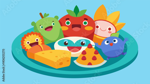 A colorful and enticing snack plate inspired by a popular childrens book or TV show featuring characters made out of food.. Vector illustration