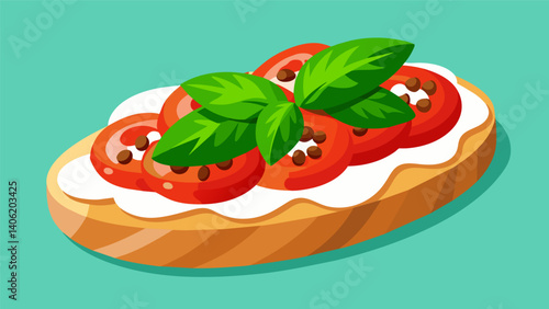A display of colorful and aromatic bruschetta topped with fresh tomatoes basil and a drizzle of balsamic glaze.. Vector illustration