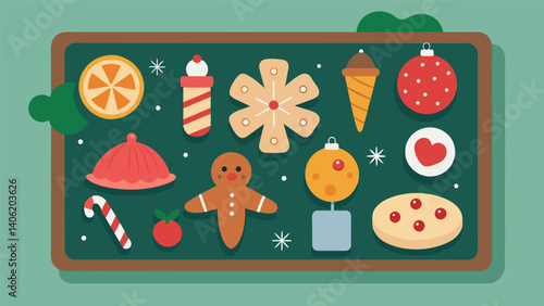 A Christmas classics board showcasing traditional favorites like peppermint bark fruitcake bites and gingerbread men.. Vector illustration