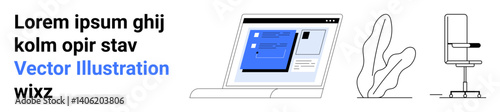 Laptop displaying interface, minimalistic plant, and ergonomic office chair. Ideal for productivity, technology, workplace decor, remote work, office setups, modern design simple landing page