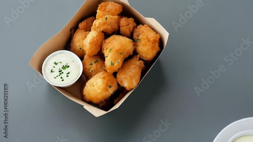 Crispy fried cheese curds served with a creamy dipping sauce in a cardboard takeout container