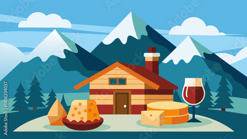 A luxuriously furnished chalet nestled in the mountains featuring a cozy fireplace and a cheese and wine tasting experience with a variety of soft. Vector illustration