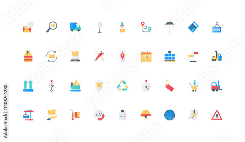 Freight transportation, box loading and storage, support service, export color icon set. Delivery calendar, warehouse equipment and machinery, cargo insurance flat elements vector illustration