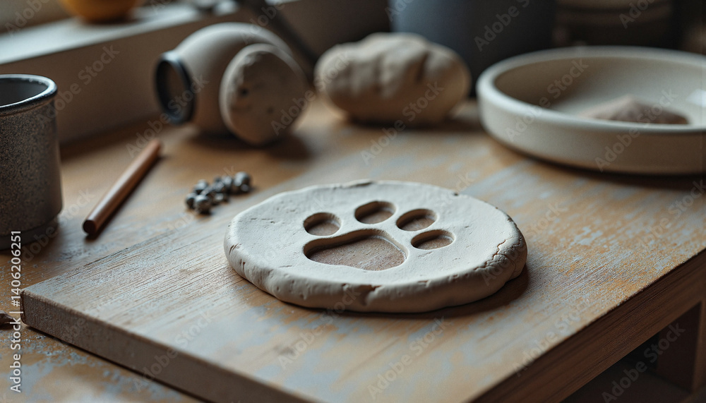 Pet paw print craft in natural clay on a wooden table Pet paw print craft in natural clay on a wooden table