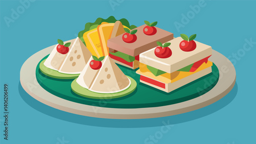 A platter of dainty tea sandwiches featuring classic combinations like cucumber and watercress or smoked turkey and cranberry chutney.. Vector illustration
