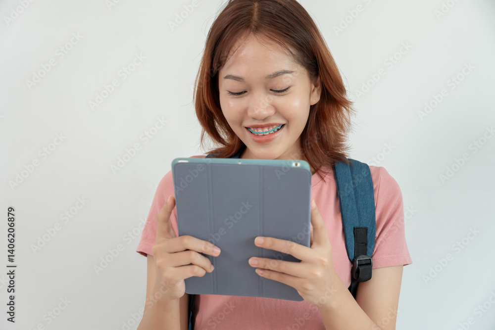 Beautiful student asian woman with surprise announce final exam. Smile girl happy in college campus. Portrait female on international Asia University. Education, study, school, happy Beautiful student asian woman with surprise announce final exam. Smile girl happy in college campus. Portrait female on international Asia University. Education, study, school, happy