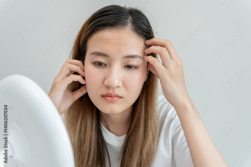 Young woman are worried about faces Dermatology and allergic to steroids in cosmetics. sensitive skin, red face from sunburn, acne, allergic to chemicals, rash on face. skin problems and beauty Young woman are worried about faces Dermatology and allergic to steroids in cosmetics. sensitive skin, red face from sunburn, acne, allergic to chemicals, rash on face. skin problems and beauty