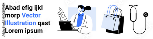 Woman using a laptop, a pair of shopping bags, and a stethoscope arranged together. Ideal for e-commerce, healthcare, education, online services, digital consultation, retail flat landing page