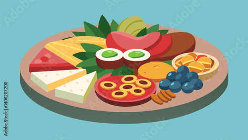 A feast for the senses with a variety of textures colors and flavors meticulously assembled in an artful antipasto platter.. Vector illustration