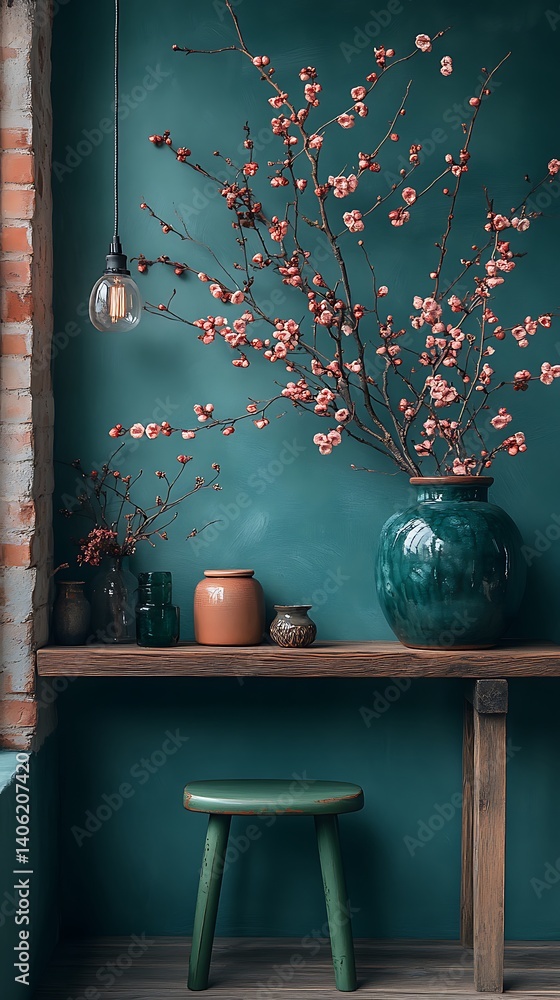 Floral Arrangement on Rustic Shelf with Green Wall, Featuring Decorative Vases and a Stool Underneath.