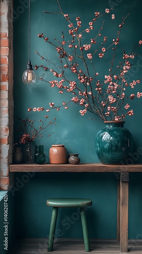 Obraz na płótnie Floral Arrangement on Rustic Shelf with Green Wall, Featuring Decorative Vases and a Stool Underneath. w salonie